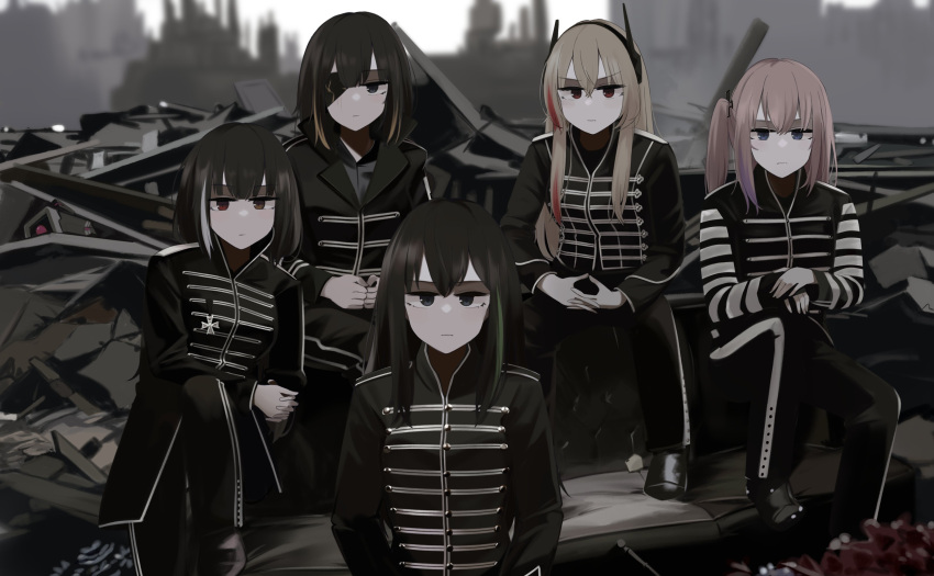 1other 5girls alternate_costume anti-rain_(girls'_frontline) band_uniform cosplay cross dinergate_(girls'_frontline) eyepatch girls'_frontline highres hinami047 iron_cross m16a1_(girls'_frontline) m4_sopmod_ii_(girls'_frontline) m4a1_(girls'_frontline) marching_band multiple_girls my_chemical_romance parody ro635_(girls'_frontline) ruins shoes sitting st_ar-15_(girls'_frontline) the_black_parade_(album)