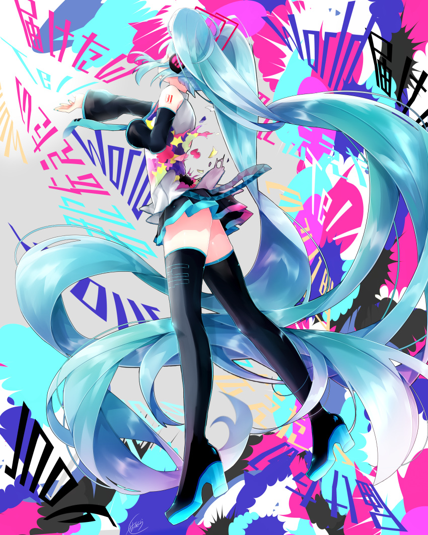 1girl absurdly_long_hair absurdres aqua_hair aqua_necktie bare_shoulders belt black_legwear black_skirt black_sleeves boots colorful commentary detached_sleeves from_behind from_below full_body grey_shirt hair_ornament hatsune_miku headphones highres koyubisennti long_hair lyrics midair miniskirt multicolored_clothes necktie outstretched_arm pleated_skirt shirt shoulder_tattoo skirt sleeveless sleeveless_shirt solo song_name splatter standing tattoo tell_your_world_(vocaloid) thigh_boots thighhighs twintails very_long_hair vocaloid