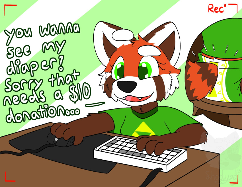2021 ailurid anthro clothing computer_keyboard dialogue diaper english_text fur hi_res male mammal mouse_(object) open_mouth red_panda shadyadi1 shirt simple_background sitting solo text topwear