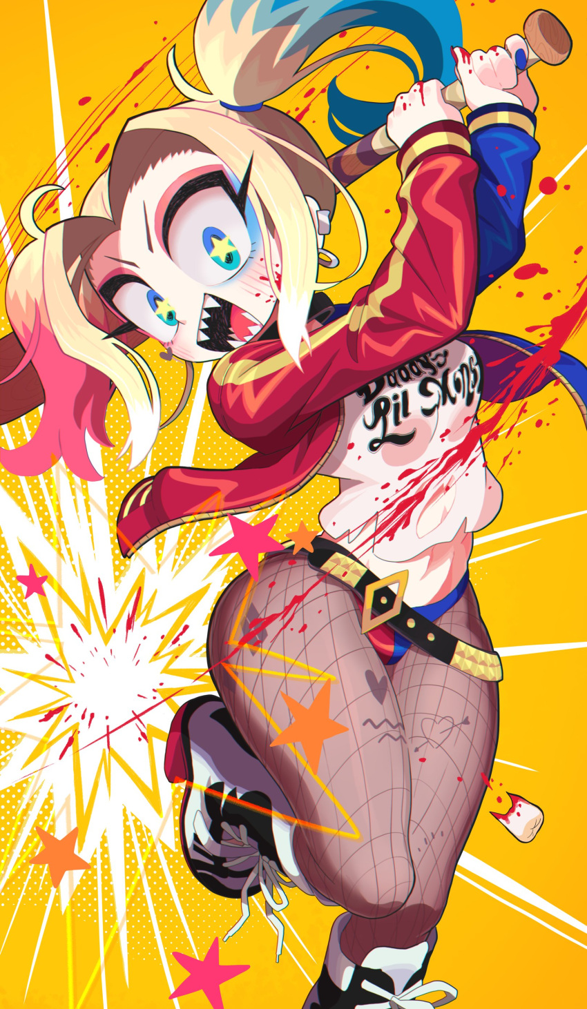 1girl absurdres baseball_bat batman_(series) belt blonde_hair blue_eyes blue_hair breasts dc_comics fishnets gashi-gashi gloves harley_quinn highres jewelry lipstick long_hair looking_at_viewer makeup multicolored_hair navel pantyhose red_hair shorts smile solo suicide_squad teeth twintails