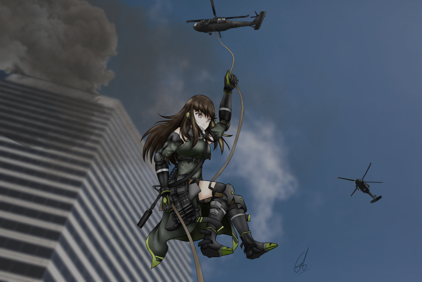 absurdres aircraft armband assault_rifle black_eyes black_hair building clothes_around_waist girls'_frontline gloves green_hair gun helicopter highres jacket jacket_around_waist kuro_ten7 long_hair looking_to_the_side m4_carbine m4a1_(girls'_frontline) military mod3_(girls'_frontline) multicolored_hair rifle rope scarf signature smoke solo streaked_hair suppressor thighhighs weapon