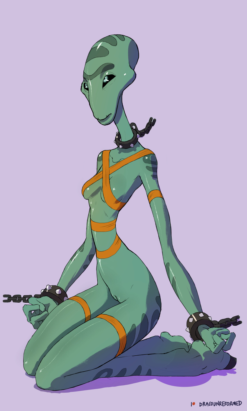 2019 absurd_res alien alien_humanoid bottomless bottomless_female bound breasts chain clothed clothing cuff_(restraint) disney dracreloaded female full-length_portrait genitals grand_councilwoman green_body green_skin hi_res humanoid kneeling lilo_and_stitch mature_female neck_cuff not_furry portrait pussy restraints shackles solo under_boob wrist_cuffs
