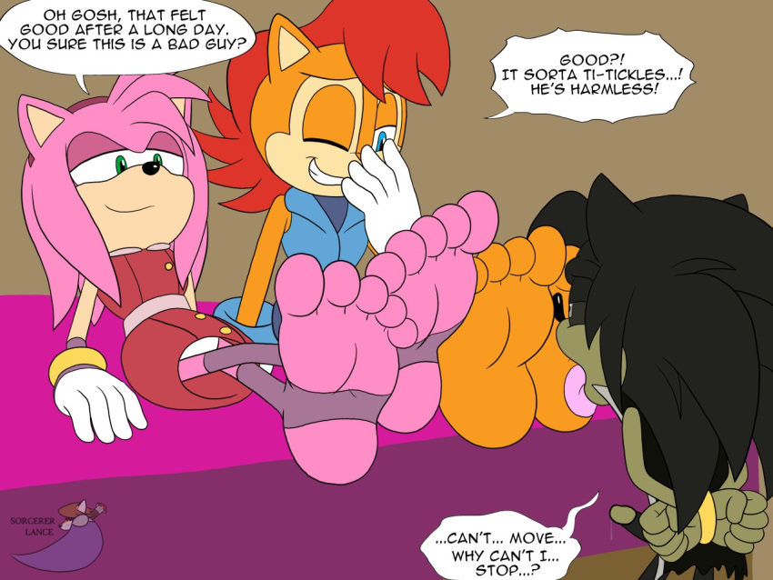 amy_rose anthro archie_comics barefoot bodily_fluids clothing eulipotyphlan feet female foot_fetish footwear genital_fluids genitals group hedgehog licking male mammal penis precum rodent sally_acorn sciurid sega socks soles sonic_the_hedgehog_(archie) sonic_the_hedgehog_(comics) sonic_the_hedgehog_(series) sorcererlance stirrup_socks toes tongue tongue_out