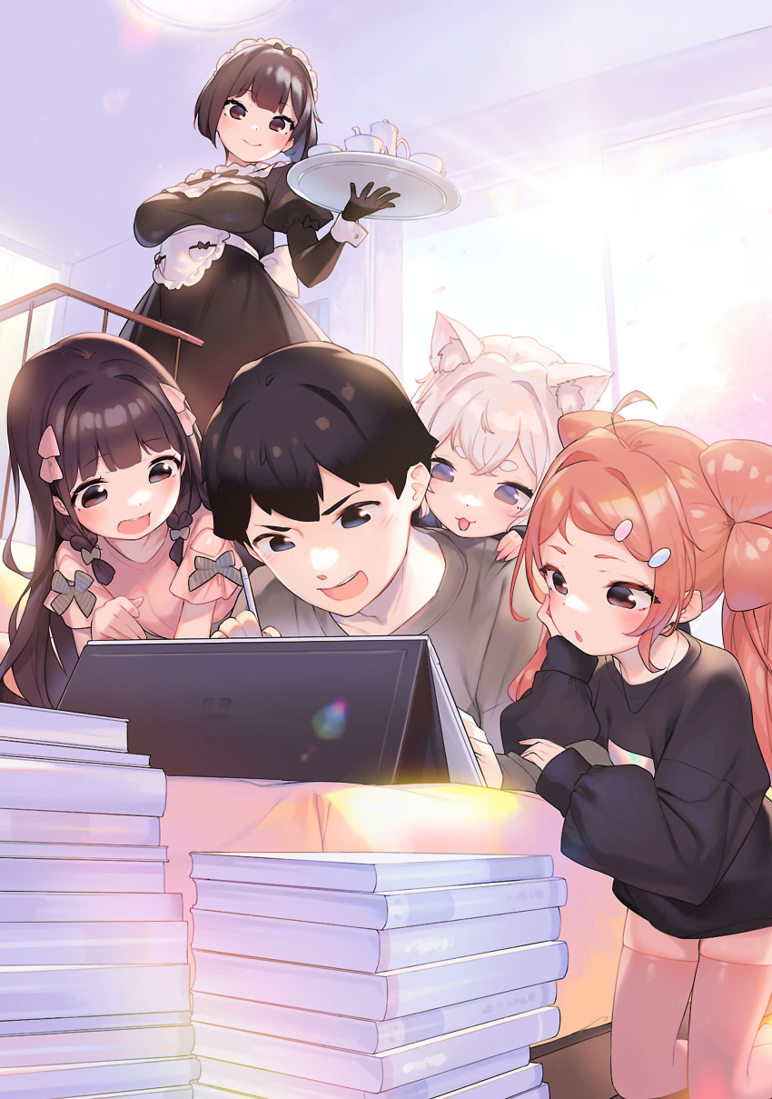 1boy 4girls :3 absurdres animal_ear_fluff animal_ears bangs black_dress black_eyes black_hair black_sweater blunt_bangs blush breasts cat_ears drawing drawing_tablet dress grey_eyes hair_ornament hairclip henreader highres indoors komori_sana kyou_kara_ore_wa_loli_no_himo! large_breasts long_hair lying maid maid_headdress manga_(object) multiple_girls nijou_touka non-web_source on_stomach open_mouth orange_hair pink_shirt plate shirt short_eyebrows short_hair smile sonohara_maya sweater tanzawa_chizuru tendou_haru thighhighs very_long_hair