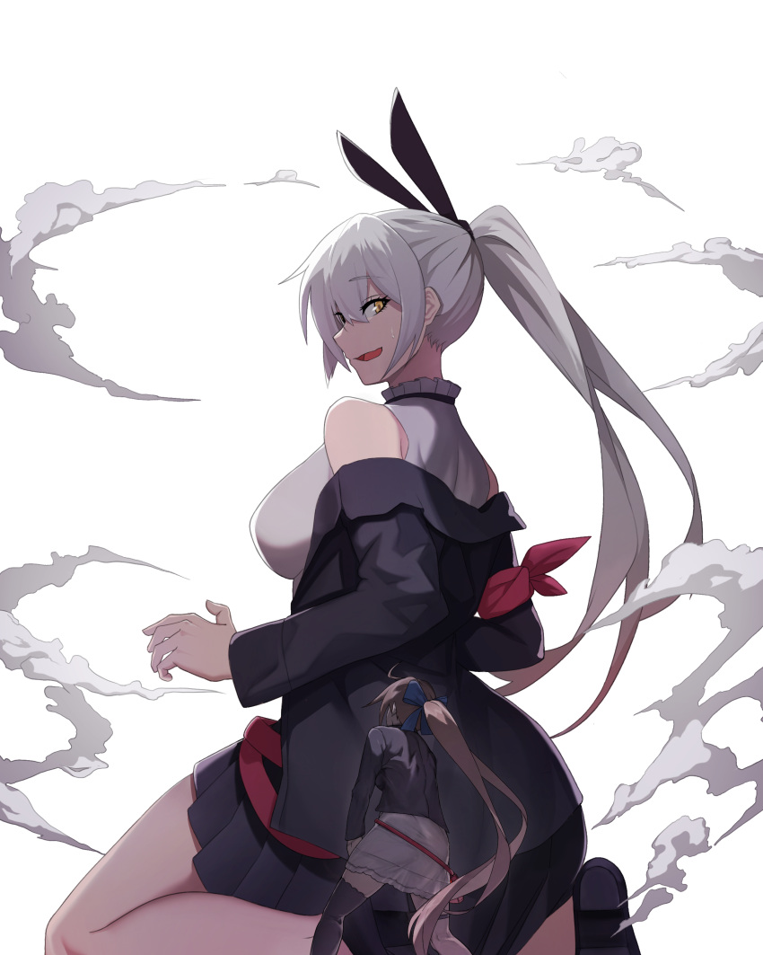 2girls absurdres animal_ears back bangs black_jacket black_legwear black_skirt blonde_hair blue_bow bow breasts cero_(last2stage) cloud commission dress english_commentary eyebrows_visible_through_hair fake_animal_ears fal_(girls'_frontline) feet_out_of_frame five-seven_(girls'_frontline) giant giantess girls'_frontline grey_hair hair_bow highres jacket jacket_pull long_hair long_sleeves looking_at_viewer medium_breasts multiple_girls on_floor open_clothes open_jacket open_mouth pixiv_request ponytail shirt sideboob single_thighhigh skirt smoke standing sweatdrop thighhighs white_background white_dress white_shirt yellow_eyes