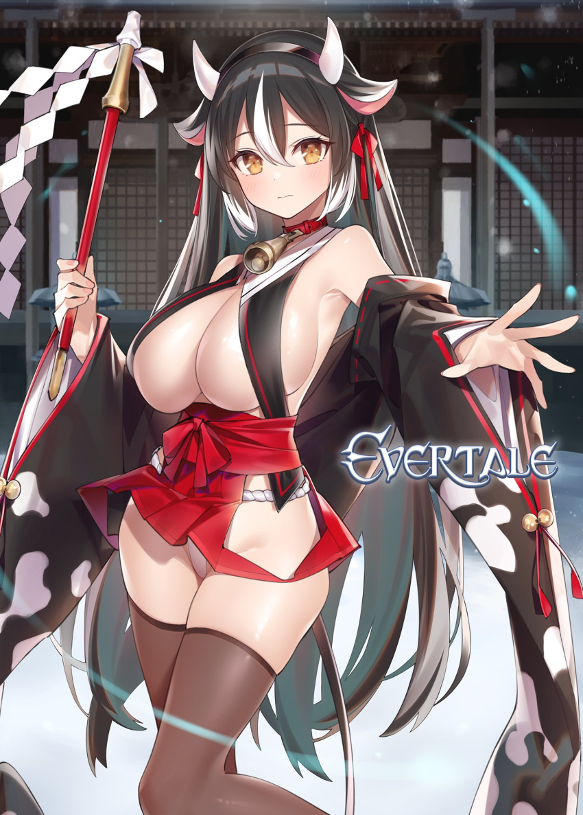 1girl animal_ears bangs bell black_hair breasts brown_legwear closed_mouth clothing_cutout collar copyright_name cow_ears detached_sleeves evertale fake_animal_ears fake_horns fundoshi gohei hair_between_eyes hair_ribbon hairband hakama hakama_short_skirt hakama_skirt hand_up highres holding_gohei horns japanese_clothes large_breasts light_blush long_hair looking_at_viewer microskirt momoka_(evertale) multicolored_hair neck_bell nontraditional_miko official_art popqn red_hakama red_ribbon revealing_clothes ribbon ribbon-trimmed_sleeves ribbon_trim shide skindentation skirt solo streaked_hair thighhighs two-tone_hair very_long_hair white_hair wide_sleeves yellow_eyes