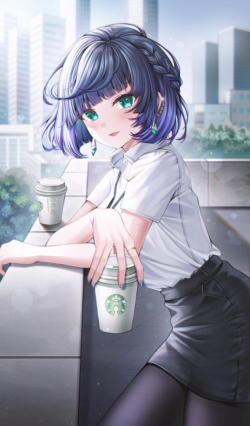 1girl alternate_costume bangs black_legwear black_skirt blue_hair blunt_bangs blurry blurry_background braid building cityscape coffee cowboy_shot cup drink ear_piercing earrings eyebrows_visible_through_hair genshin_impact green_eyes highres holding holding_cup jewelry leaning light_blush looking_at_viewer nail_polish office_lady pantyhose parted_lips pencil_skirt piercing rooftop shirt shirt_tucked_in short_hair short_sleeves sidelocks skirt smile solo starbucks white_shirt wol_(wol_927) yelan_(genshin_impact)