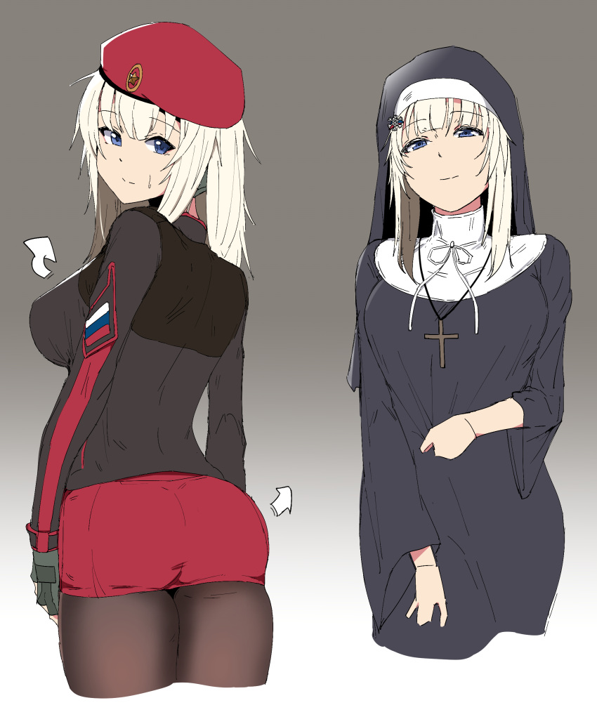 2girls absurdres ak74m_(girls'_frontline) beret black_legwear blonde_hair blue_eyes breasts camouflage_gloves cross cross_necklace girls'_frontline hair_ornament hat highres jewelry large_breasts long_hair looking_at_viewer looking_back multiple_girls necklace nun pantyhose red_headwear red_star russian_flag skirt snowflake_hair_ornament tactical_clothes wilsn_koon