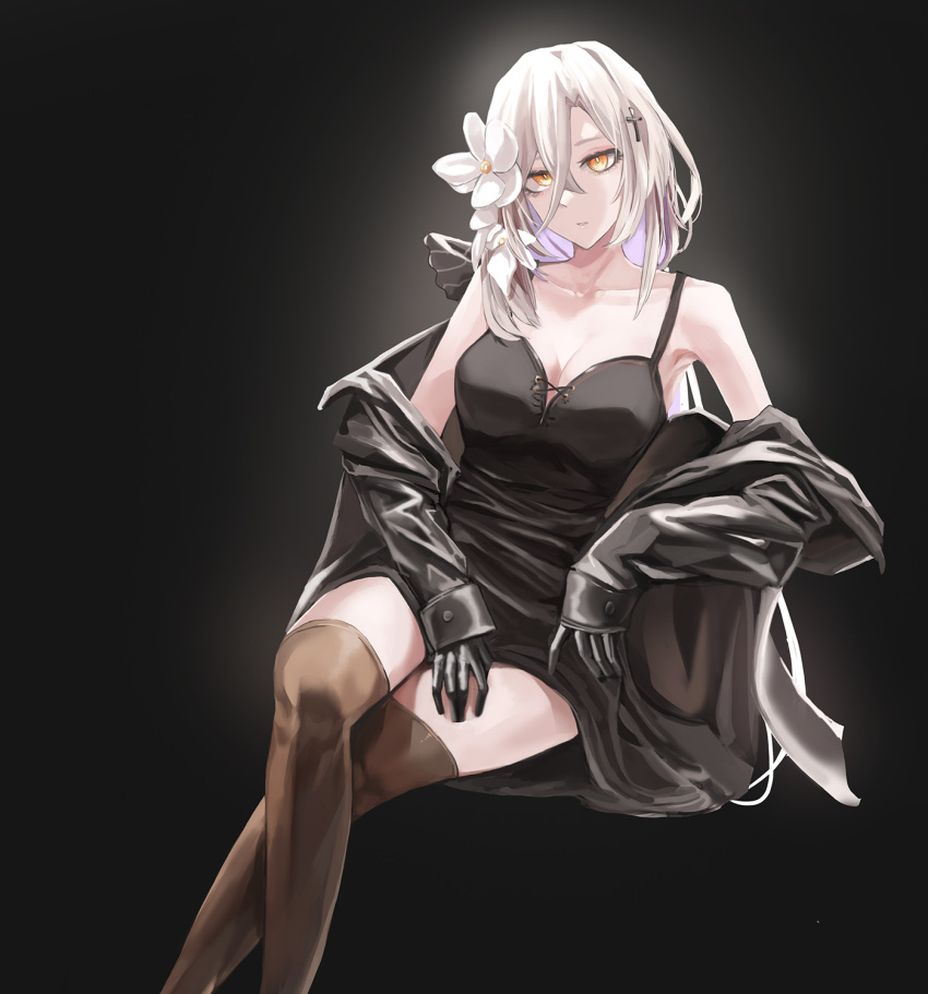 1girl aug_(girls'_frontline) bangs bare_shoulders black_background black_dress black_gloves black_jacket black_legwear blonde_hair breasts cleavage closed_mouth collarbone cross_hair_ornament crossed_legs dress eyebrows_visible_through_hair feet_out_of_frame flower girls'_frontline gloves hair_flower hair_ornament highres jacket jacket_pull lily_(flower) long_hair looking_at_viewer medium_breasts mmm_(ji1945) open_clothes open_jacket orange_eyes simple_background sitting solo symbol-only_commentary thighhighs