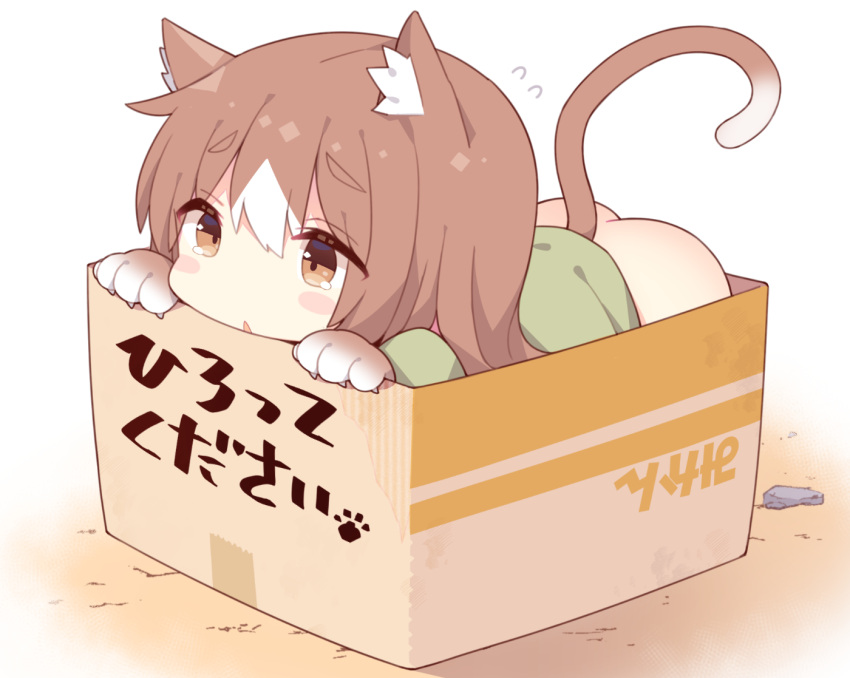 :&lt; all_fours animal_ear_fluff animal_ears animal_hands ass bangs blush_stickers bottomless box brown_eyes brown_hair cat_ears cat_girl cat_tail eyes_visible_through_hair gloves green_shirt hair_between_eyes in_box in_container long_hair looking_at_viewer original paw_gloves shirt tail tail_raised translation_request watanon_(gakushokutei)