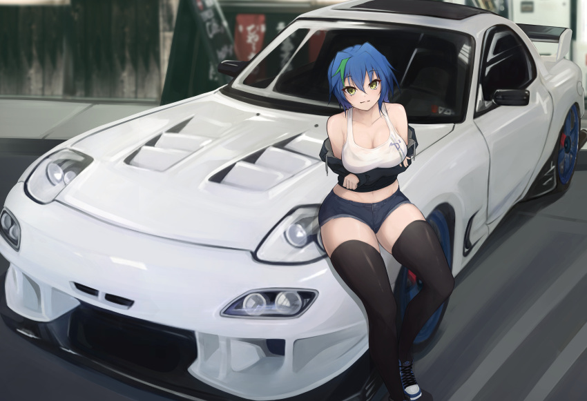 1girl absurdres arms_under_breasts black_jacket black_legwear blue_hair breasts car cleavage closed_mouth collarbone denim denim_shorts eyebrows_visible_through_hair green_eyes green_hair ground_vehicle hair_between_eyes high_school_dxd highres jacket kanotype large_breasts light_smile looking_at_viewer midriff motor_vehicle multicolored_hair navel off_shoulder short_hair shorts sitting_on_car solo streaked_hair tank_top thighhighs two-tone_hair white_tank_top xenovia_quarta
