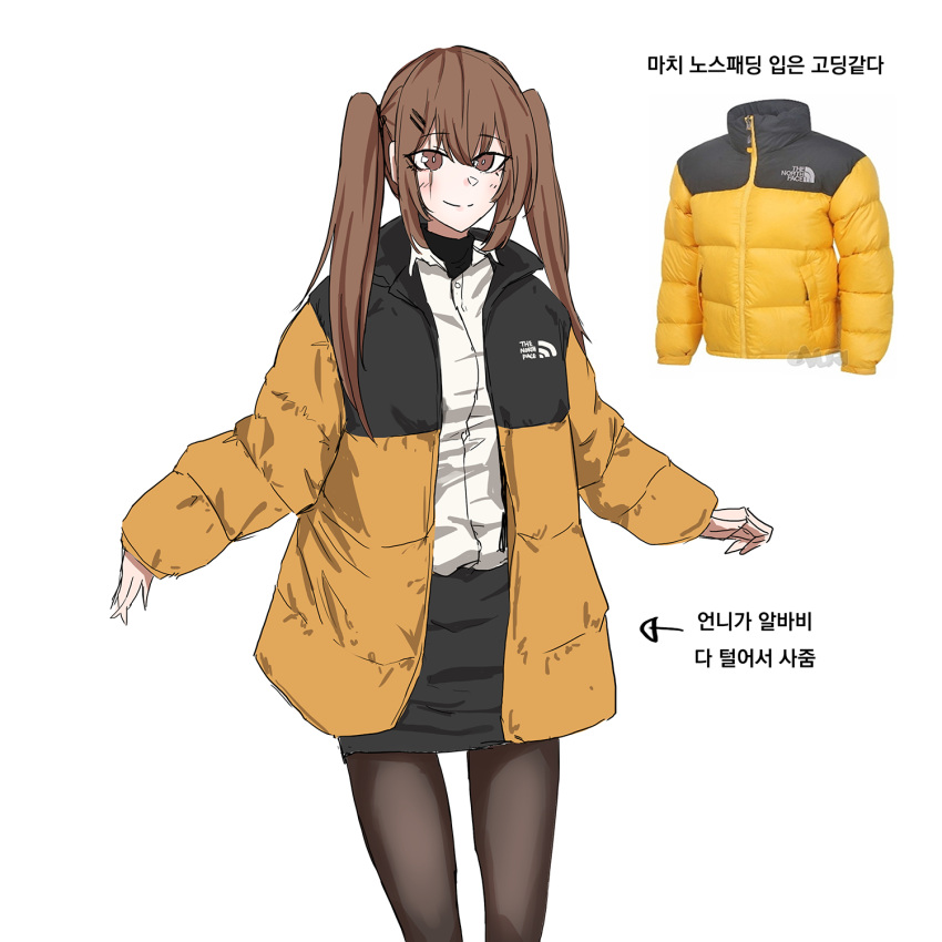 1girl alternate_costume bangs black_legwear black_skirt brown_eyes brown_hair closed_mouth eyebrows_visible_through_hair feet_out_of_frame girls'_frontline hair_ornament hairclip highres jacket korean_text long_hair looking_at_viewer mmm_(ji1945) open_clothes open_jacket pantyhose shirt skirt smile solo standing symbol-only_commentary the_north_face translation_request twintails ump9_(girls'_frontline) white_background white_shirt yellow_jacket