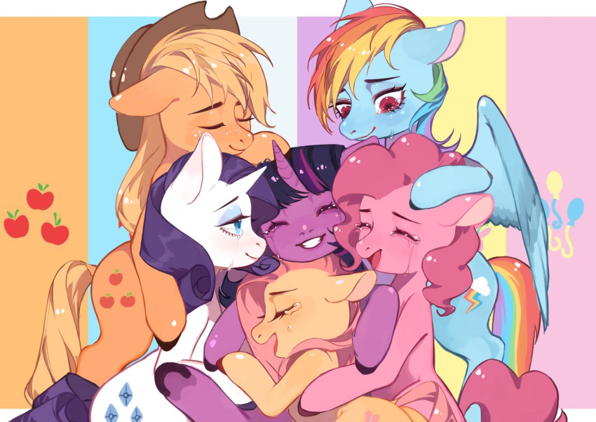 6+girls animal applejack blonde_hair blue_eyes closed_eyes cowboy_hat cuddling fluttershy friends happy_tears hat highres horse hug multicolored_hair multiple_girls my_little_pony my_little_pony_friendship_is_magic no_humans pegasus pink_hair pinkie_pie pony purple_hair rainbow_dash rainbow_hair rarity red_eyes sitting sitting_on_person striped striped_background tears twilight_sparkle unicorn winged_unicorn wings xieyanbbb