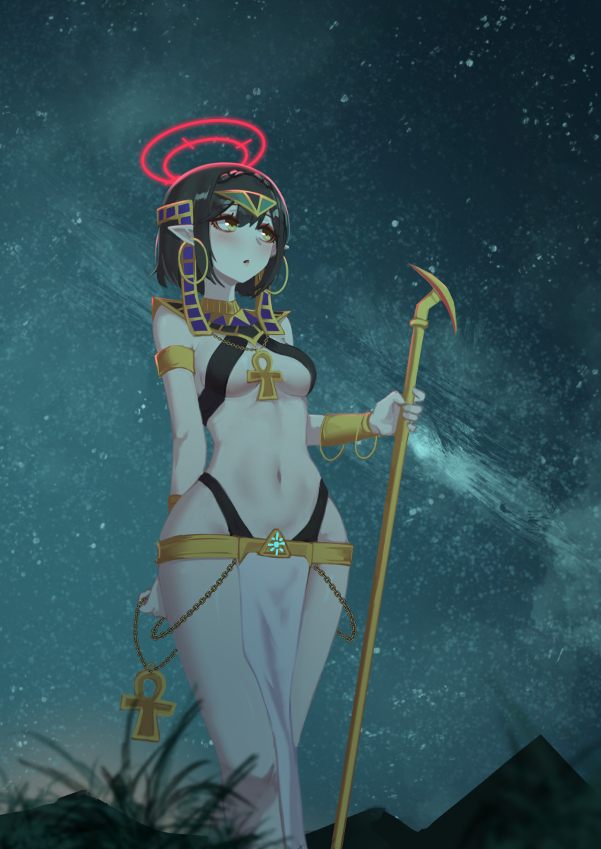 absurdres ankh armlet ayane_(blue_archive) bangs bikini black_hair blue_archive breasts criss-cross_halter earrings egypt egyptian elf galaxy gold grass halo halterneck highleg highleg_bikini highres hoop_earrings jewelry midriff milky_way moonlight navel nebula night night_sky outdoors pointy_ears pyramid short_hair sky star_(sky) starry_sky swimsuit underboob usekh_collar user_evmh2537 yellow_eyes