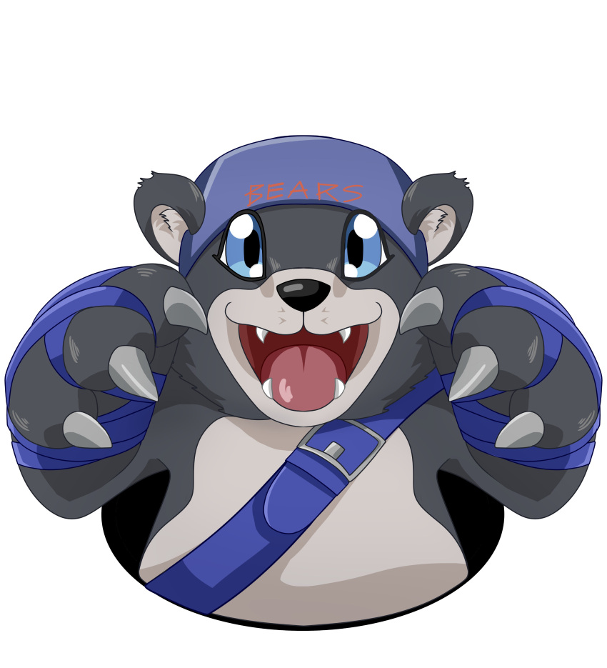 2020 absurd_res ambiguous_gender bandai_namco bearmon belly belt blue_eyes claws clothing dale'rae digimon digimon_(species) english_text fluffy fur grey_body grey_fur happy hat headgear headwear hi_res huge_filesize looking_at_viewer mammal open_mouth simple_background smile snout solo teeth_showing text ursid ursine white_background white_belly