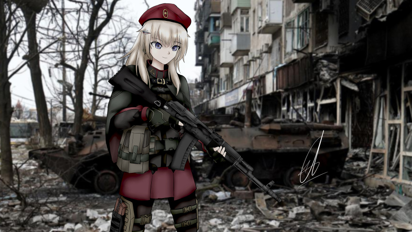 absurdres ak-74m ak74m_(girls'_frontline) ammunition_belt assault_rifle beret black_legwear blonde_hair blue_eyes btr-80 building camouflage_gloves destruction girls'_frontline gun hair_ornament hat highres holding holding_gun holding_weapon kalashnikov_rifle kuro_ten7 long_hair looking_at_viewer military_operator photo_background red_star rifle rubble russian_flag signature skirt snowflake_hair_ornament solo standing tactical_clothes thighhighs tree trigger_discipline war weapon