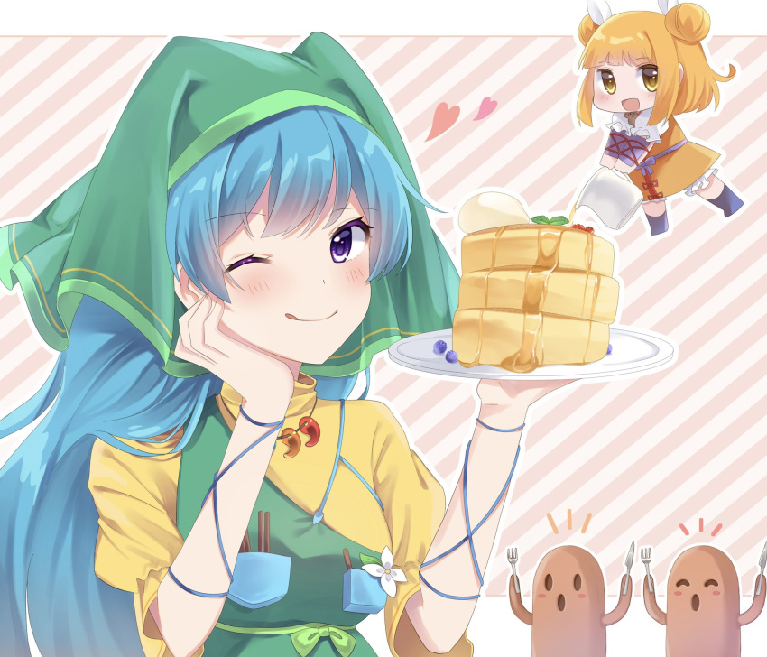 2girls ;p apron arm_strap armor armored_dress blonde_hair blue_hair boots bow breasts chibi closed_mouth commentary_request double_bun dress face food fork green_apron green_bow green_headwear hair_ribbon hand_on_own_face haniwa_(statue) haniyasushin_keiki head_scarf heart highres holding holding_fork holding_knife honey honeypot joutouguu_mayumi knife long_hair looking_at_viewer magatama magatama_necklace medium_breasts milll_77 multiple_girls one_eye_closed open_mouth pancake pancake_stack purple_eyes ribbon short_hair single_strap tongue tongue_out touhou turtleneck upper_body vambraces very_long_hair white_ribbon yellow_dress yellow_eyes