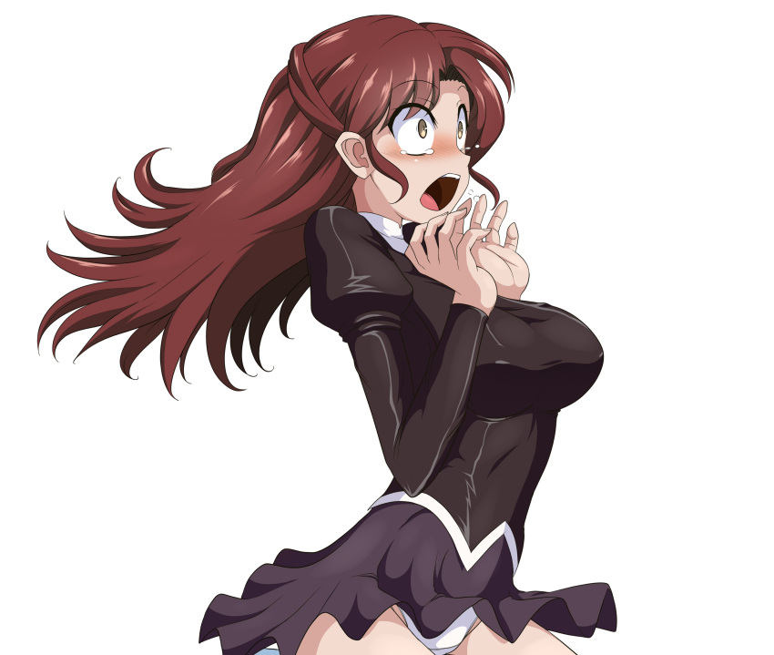 1girl absurdres agent_aika aika_(series) ascot bangs black_delmo black_jacket black_skirt blush breasts clam_curry delmogeny_uniform eyebrows_visible_through_hair highres jacket juliet_sleeves long_hair long_sleeves medium_breasts naomi_(agent_aika) nose_blush open_mouth panties pantyshot pleated_skirt puffy_sleeves red_ascot red_hair skirt solo surprised tears underwear uniform upper_body white_panties