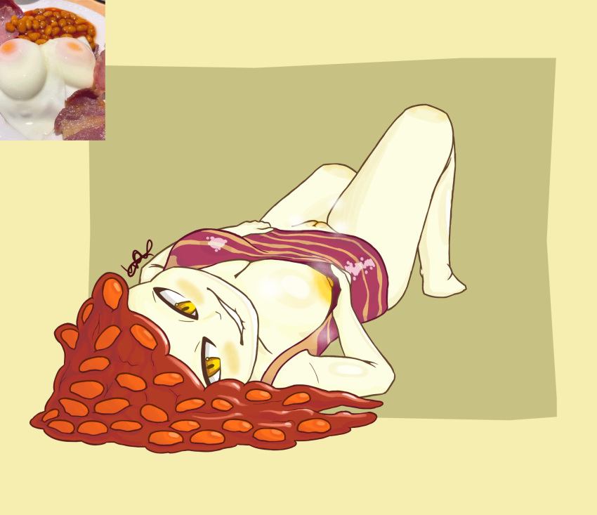 bacon bean bean_(legume) bite biting_lip clothed clothing clothing_lift clothing_pull dress dress_lift dress_pull egg female food food_clothing food_creature food_humanoid genitals hi_res humanoid legume looking_at_viewer lying meat monster_girl_(genre) nipples on_back plant pussy solo this_egg_got_me_acting_unwise warewolf_(artist) white_body white_skin yellow_eyes yellow_nipples yellow_pussy
