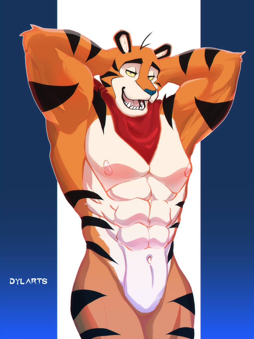 abs dylarts featureless_crotch felid frosted_flakes hands_behind_head hi_res invalid_tag kellogg's looking_at_viewer male mammal mascot muscular muscular_male navel neck_bandana nipples null open_mouth pantherine pecs raised_arms smile solo tiger tiger_stripes tony_the_tiger wide_hips