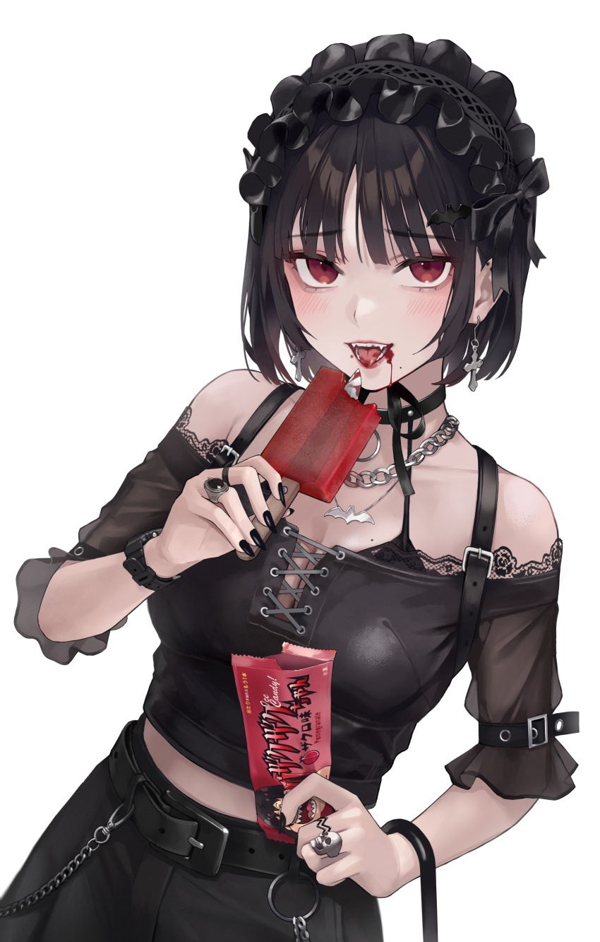 1girl absurdres arm_belt bare_shoulders belt belt_chain black_bra black_choker black_hair black_nails black_shirt blush bra bra_strap breasts chain choker cleavage cowboy_shot earrings eating eyebrows_visible_through_hair fangs food food_on_face headband highres holding ice_cream ice_cream_on_face jewelry lace_trim looking_at_viewer midriff nail_polish necklace off_shoulder open_mouth original popsicle red_eyes ring shirt short_hair simple_background skirt solo sugai_(4ugaii) teeth underwear white_background wrapper
