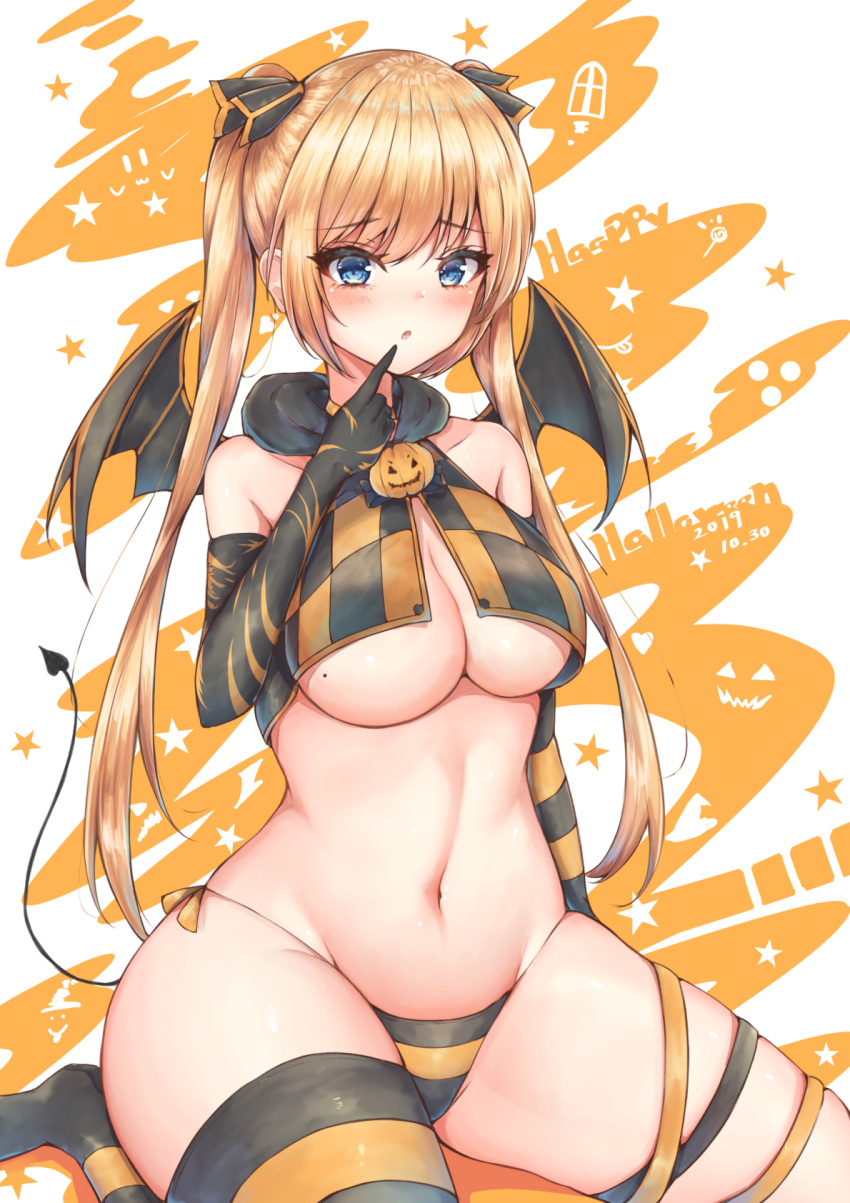 1girl blonde_hair blue_eyes breasts cleavage dated demon_girl demon_tail demon_wings elbow_gloves gloves halloween highres large_breasts long_hair navel original panties ryakusun solo star_(symbol) striped striped_gloves striped_legwear striped_panties tail thighhighs thighs twintails underboob underwear very_long_hair wings