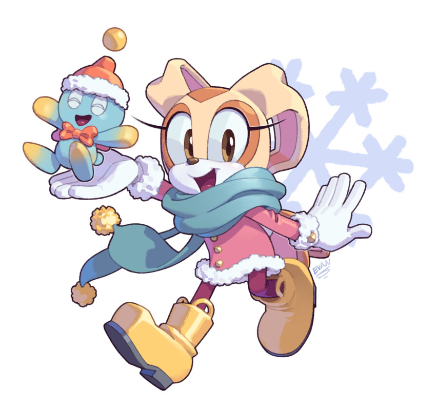 1girl artist_name blue_skin boots chao_(sonic) christmas colored_skin cream_the_rabbit dress evan_stanley floating floating_object gloves hat highres long_sleeves open_mouth pants ribbon scarf skirt smile snowflakes sonic_(series) tongue yellow_eyes yellow_fur yellow_skirt