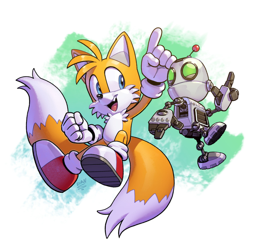 1boy blue_eyes clank evan_stanley fang gloves green_eyes highres jumping leg_up looking_at_another male_focus multicolored_fur open_mouth pointy_nose pose ratchet_&amp;_clank robot shoes smile sonic_(series) tails_(sonic) teeth tongue topless_male white_fur yellow_fur