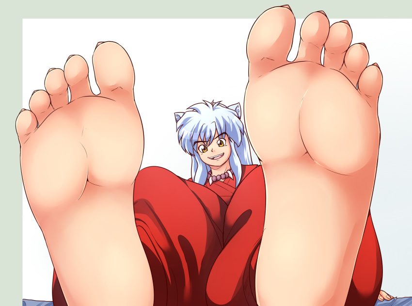 5_toes airbendingkwakwa_(artist) animal_humanoid anthro barefoot bed canid canine canis claws clothing feet fingers foot_focus foreshortening furniture hi_res humanoid humanoid_feet inuyasha_(inuyasha) jewelry looking_at_viewer male mammal necklace on_bed red_clothing simple_background smile solo toe_claws toes white_background wolf