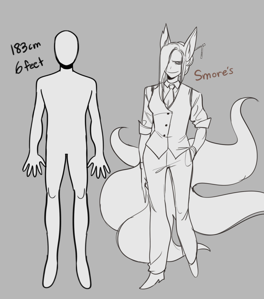 absurd_res animal_humanoid canid canid_humanoid canine canine_humanoid chart female fox_humanoid glacierclear greyscale height_chart hi_res humanoid mammal mammal_humanoid monochrome smore's_(glacierclear)