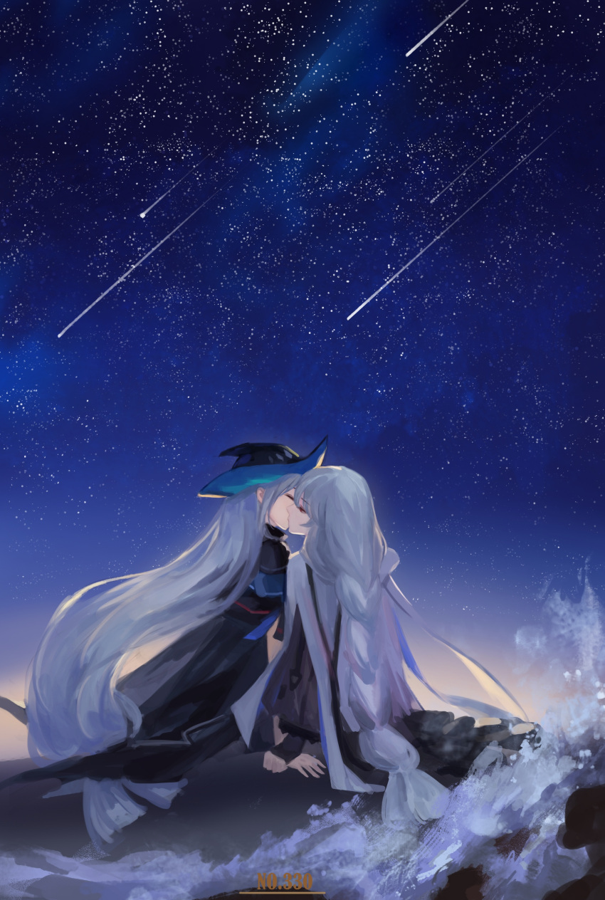 2girls absurdres arknights black_gloves black_headwear black_jacket blue_sky braid braided_ponytail closed_eyes fingerless_gloves gloves grey_hair half-closed_eyes hat highres jacket kiss long_hair low_ponytail multiple_girls outdoors red_eyes shooting_star sitting skadi_(arknights) sky specter_(arknights) star_(sky) starry_sky very_long_hair was775 water waves yuri