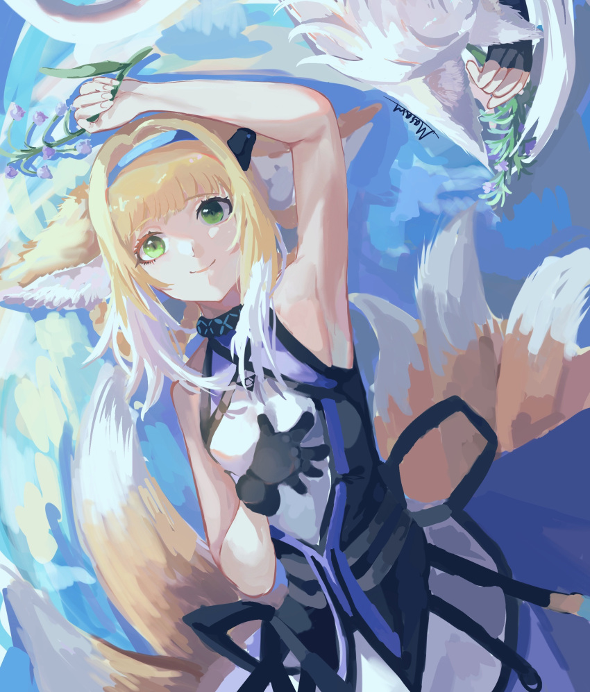 2girls absurdres animal_ear_fluff animal_ears arknights arm_up armpits bangs bare_arms bare_shoulders black_gloves blonde_hair blue_hairband braid breasts closed_mouth eyebrows_visible_through_hair flower fox_ears fox_girl fox_tail gloves green_eyes hair_rings hairband highres holding holding_flower kitsune lily_of_the_valley multicolored_hair multiple_girls purple_skirt rosmontis_(arknights) shirt shiyuanshitobi sidelocks signature skirt small_breasts smile solo_focus suzuran_(arknights) tail twin_braids two-tone_hair white_hair white_shirt