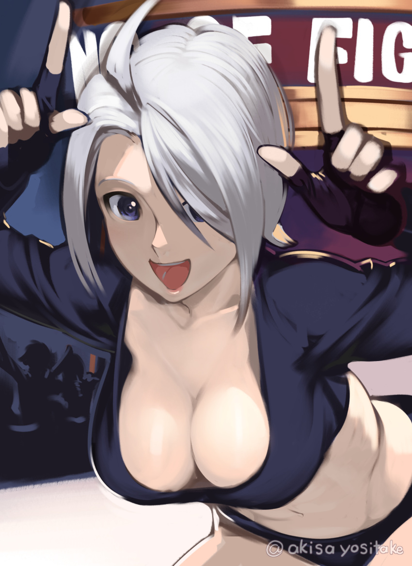 1girl akisa_(12023648) angel_(kof) blue_eyes bra breasts cropped_jacket finger_horns fingerless_gloves gloves hair_over_one_eye highres index_fingers_raised jacket large_breasts leather leather_jacket snk strapless strapless_bra the_king_of_fighters the_king_of_fighters_xiv the_king_of_fighters_xv toned underwear white_hair wrestling_ring