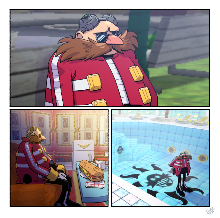 1boy absurdres arm_behind_back artist_name bald blurry blurry_background book boots brown_hair cooler dr._eggman empty_pool evan_stanley facial_hair food glasses gloves goggles highres jacket long_sleeves looking_to_the_side male_focus mature_male meme mustache old old_man pants pointy_nose pool sad sandwich sitting solo sonic_(series) sonic_adventure standing table thinking