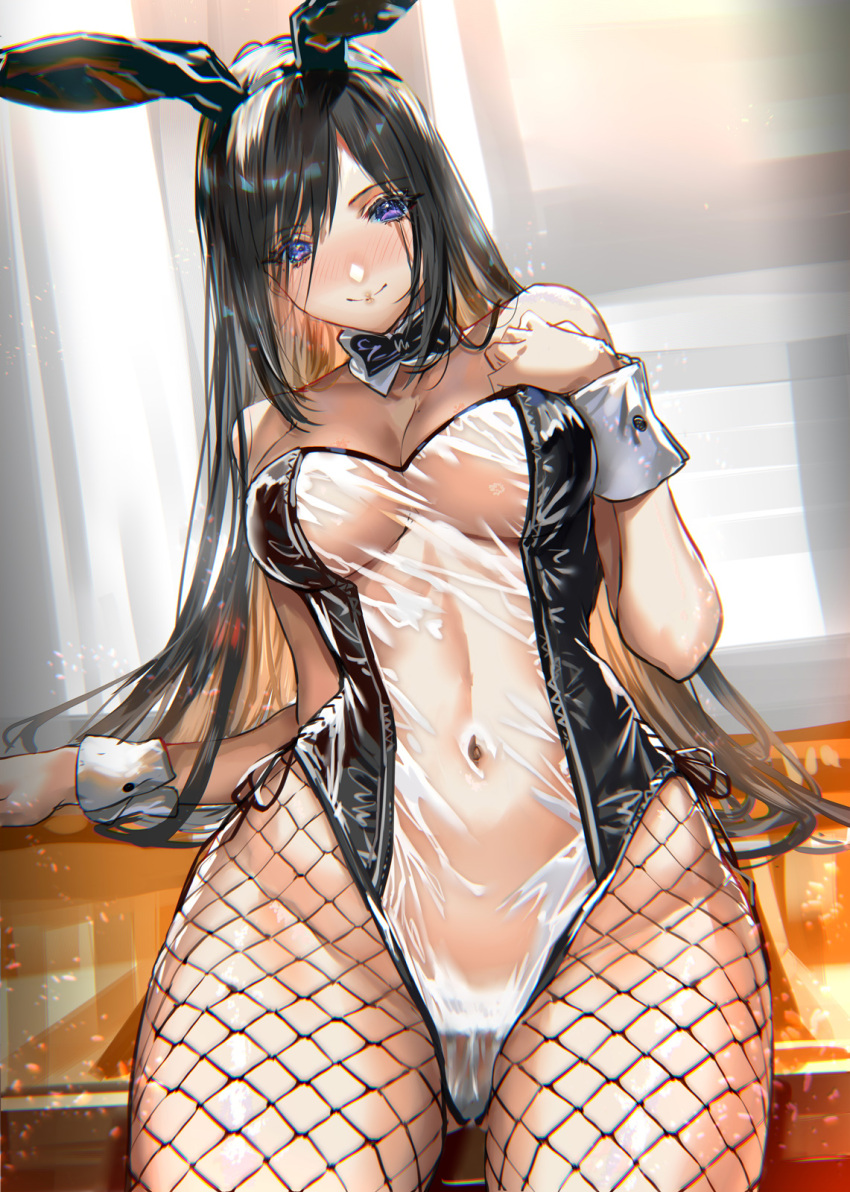 1girl animal_ears bangs bare_shoulders black_bow black_bowtie black_hair black_hairband black_legwear blush bow bowtie closed_mouth covered_navel detached_collar fake_animal_ears fishnet_legwear fishnets hair_between_eyes hairband hand_up highres leotard long_hair looking_at_viewer original pantyhose playboy_bunny purple_eyes rabbit_ears ran'ou_(tamago_no_kimi) see-through see-through_leotard smile solo thighs wrist_cuffs