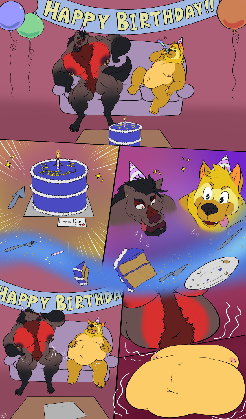 2022 absurd_res anthro belly big_belly big_muscles birthday_cake birthday_hat body_hair brown_body brown_fur cake canid canine canis capra_goofus chest_hair colored comic dessert digital_drawing_(artwork) digital_media_(artwork) domestic_dog dragon duo duo_focus eating food fur furniture group hi_res hyaenid hybrid male mammal muscular muscular_anthro nude open_mouth pecs red_body red_fur rumbling_stomach shiba_inu signature simple_background sofa spitz text tongue tongue_out wolf yellow_body yellow_fur