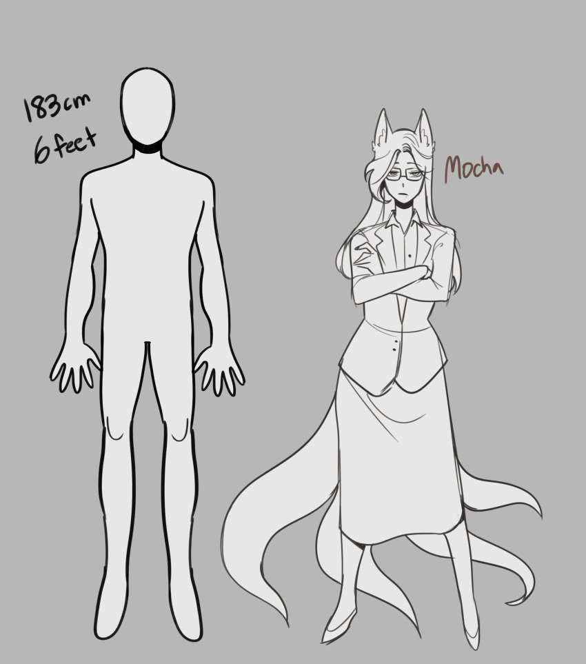 absurd_res animal_humanoid canid canid_humanoid canine canine_humanoid chart female fox_humanoid glacierclear greyscale height_chart hi_res humanoid mammal mammal_humanoid mocha_(glacierclear) monochrome