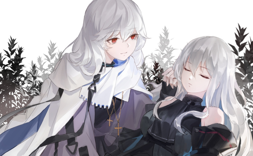2girls arknights ascot black_ascot black_collar black_shirt cape closed_eyes collar cross cross_necklace detached_sleeves elite_ii_(arknights) grey_hair highres jewelry long_hair long_sleeves lying multiple_girls necklace no_hat no_headwear official_alternate_costume on_back plant red_eyes shirt skadi_(arknights) sleeveless sleeveless_shirt smile specter_(arknights) specter_(undercurrent)_(arknights) was775 white_background white_cape