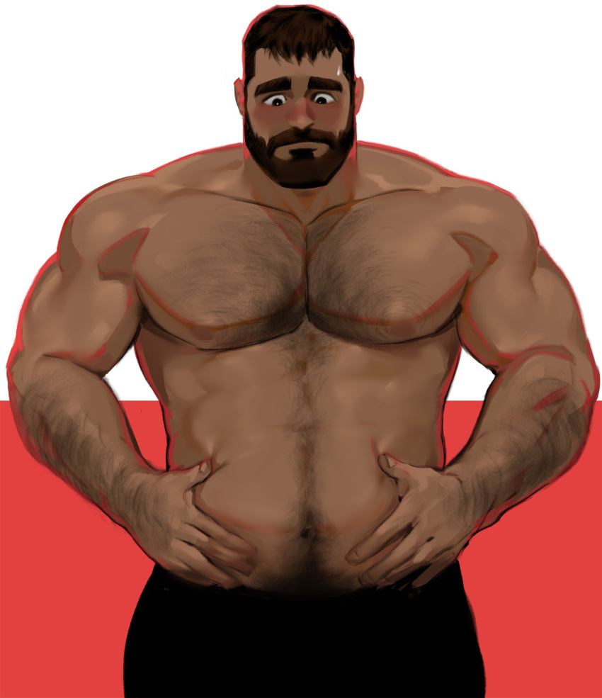 1boy arm_hair bara beard biceps black_eyes blush chest_hair facial_hair grabbing hairy hand_on_own_stomach highres jang_ju_hyeon large_pectorals looking_down male_focus manly mature_male muscular muscular_male navel navel_hair nipples original pants pectorals plump short_hair solo sweat sweatdrop thick_arms thick_eyebrows topless_male