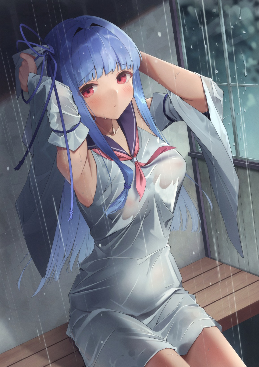 1girl armpits arms_behind_head arms_up bench blue_hair blue_ribbon blush breasts commentary_request covering_navel detached_sleeves dress embarrassed eyebrows_visible_through_hair hair_ribbon highres kotonoha_aoi long_hair looking_at_viewer neckerchief no_bra rain red_eyes red_neckerchief ribbon sailor_collar sakura_rino see-through sidelocks sitting sitting_on_bench skindentation solo voiceroid wet wet_clothes white_dress