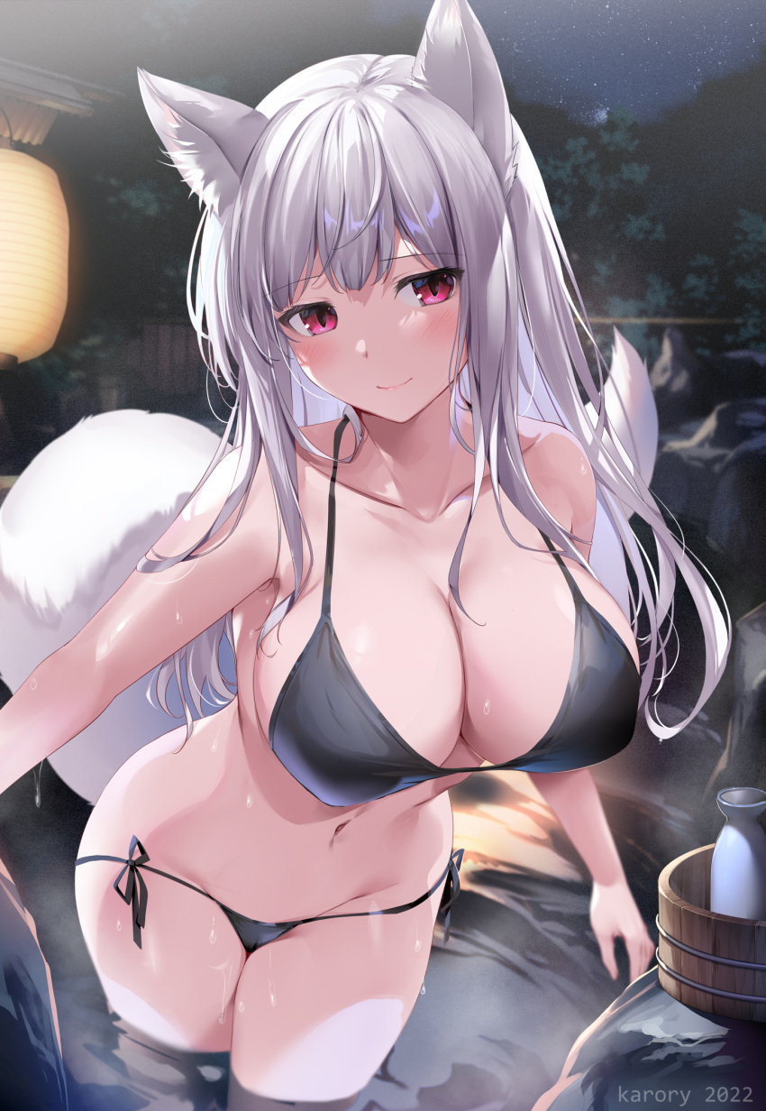 1girl animal_ears bikini black_bikini breasts bucket closed_mouth collarbone commentary_request eyebrows_visible_through_hair fox_ears fox_girl fox_tail grey_hair groin highres karory lantern large_breasts leaning_forward long_hair looking_at_viewer navel night onsen original outdoors pink_eyes rock sky smile solo star_(sky) starry_sky swimsuit tail tokkuri very_long_hair wading water wooden_bucket