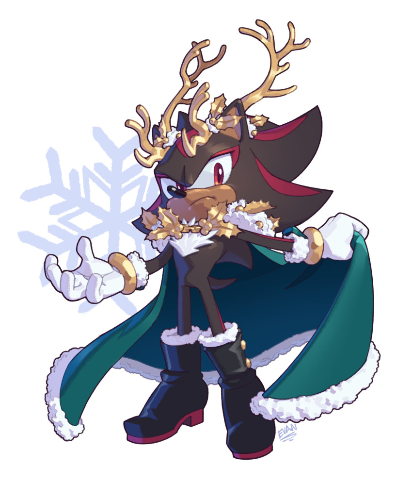 1boy artist_name black_fur boots bracelet cape christmas evan_stanley gloves highres horn_ornament horns jewelry leather leather_boots looking_to_the_side male_focus multicolored_fur pointy_nose red_eyes red_fur shadow_the_hedgehog snowflakes solo sonic_(series) topless_male white_fur