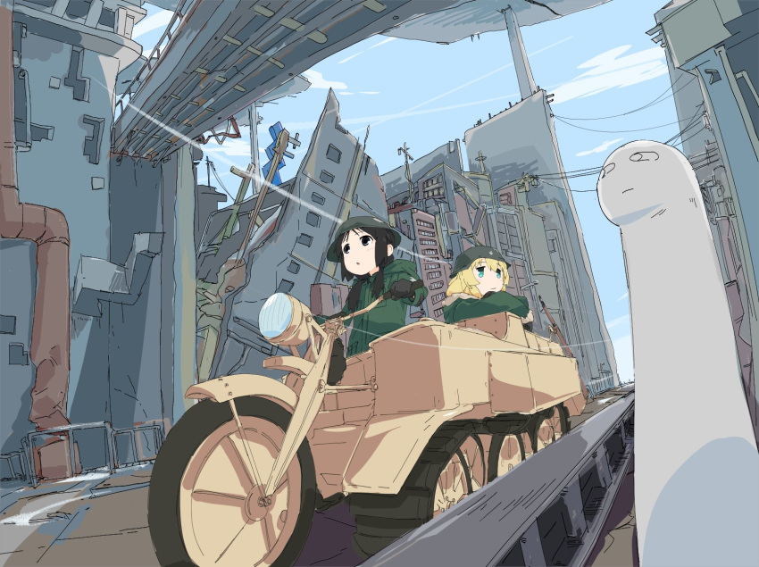 2girls black_eyes black_gloves black_hair blonde_hair blue_eyes chito_(shoujo_shuumatsu_ryokou) cloud day driving gloves green_jacket helmet highres huneph jacket kettenkrad long_hair multiple_girls outdoors ruins shoujo_shuumatsu_ryokou sky statue wide_shot yuuri_(shoujo_shuumatsu_ryokou)