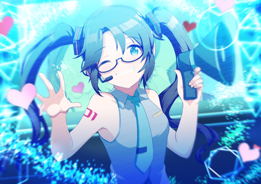 1girl absurdres bare_shoulders black_hair cosplay glasses hair_ornament hands_up hatsune_miku hatsune_miku_(cosplay) heart highres idolmaster idolmaster_shiny_colors long_hair megaphone mitsumine_yuika necktie one_eye_closed open_hand sanami_(sanami_t_38) smile solo teeth twintails vocaloid