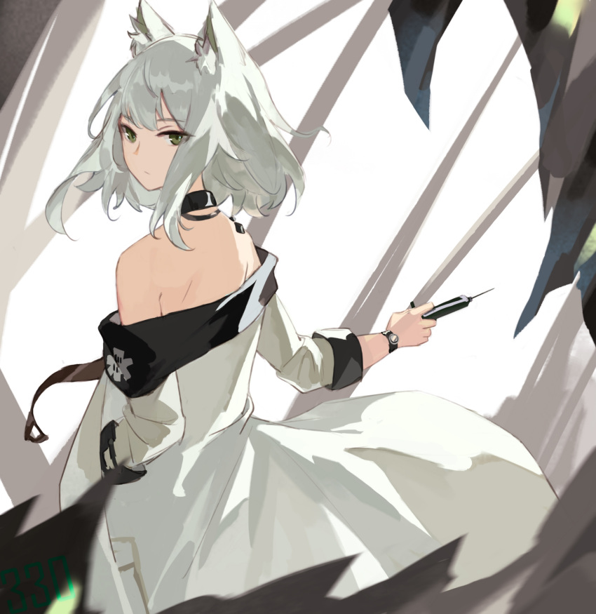 1girl animal_ears arknights bare_shoulders black_collar cat_ears coat collar commentary_request from_behind green_eyes green_hair hand_in_pocket highres holding holding_syringe kal'tsit_(arknights) looking_at_viewer looking_back mon3tr_(arknights) off-shoulder_coat off_shoulder open_clothes open_coat oripathy_lesion_(arknights) short_hair solo syringe was775 watch white_coat wristwatch