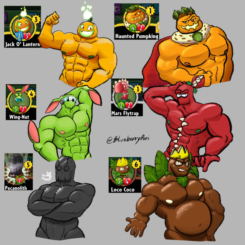 &lt;3 abs anthro biceps blueberryperi crown electronic_arts eyewear fire futuristic glasses group haunted_pumpkin hi_res jack-o'-lantern king loco_coco male mars_flytrap musclegut muscular pecanolith plants_vs._zombies plants_vs._zombies_heroes popcap_games pose royalty vein video_games wing-nut