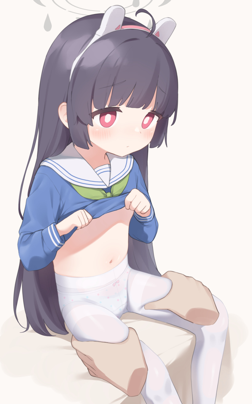 absurdres ahoge bangs black_hair blue_archive blue_shirt bow bow_panties clothes_lift commentary eyebrows_visible_through_hair flat_chest green_neckerchief hands_on_another's_thighs highres lifted_by_self light_blush long_hair long_sleeves looking_at_another matanukinuki miyu_(blue_archive) navel neckerchief on_bed out_of_frame panties panties_under_pantyhose pantyhose polka_dot polka_dot_panties red_eyes sailor_collar serious shirt shirt_lift sitting spread_legs stomach underwear white_legwear white_panties white_sailor_collar