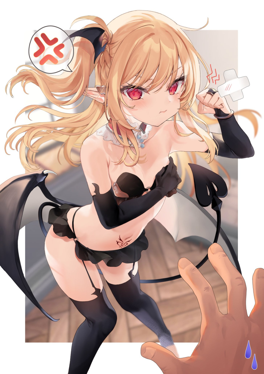 1girl blush breasts demon_girl demon_tail highres kedama_milk long_hair looking_at_viewer original pointy_ears pout pubic_tattoo red_eyes solo tail tattoo thigh_strap thighhighs