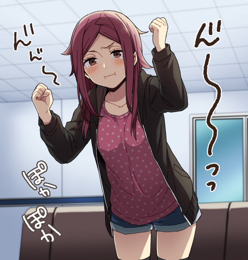 1girl 7100potechi :i absurdres black_jacket black_legwear blue_shorts blush breasts brown_eyes ceiling closed_mouth couch cowboy_shot door flipped_hair furrowed_brow hands_up highres jacket kunichika_yuu long_hair long_sleeves looking_at_viewer open_clothes open_jacket pink_shirt polka_dot polka_dot_shirt pout shirt shorts solo tearing_up thighhighs tile_ceiling tiles wall wavy_mouth world_trigger