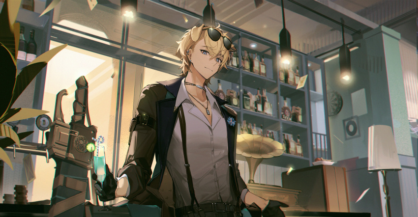 1boy alcohol animal_ears arknights belt black_gloves black_jacket blonde_hair blue_eyes bottle closed_mouth cup dartboard dog_boy dog_ears dog_tags drinking_straw ear_piercing eyewear_on_head gloves hair_between_eyes hanging_light highres holding holding_cup indoors jacket jewelry lamp long_sleeves looking_at_viewer male_focus nagito necklace phonograph piercing plant shirt solo sparkle sunglasses suspenders tequila_(arknights) tropical_drink upper_body white_shirt